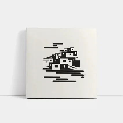 Minimalist Hillside Village Black White Art