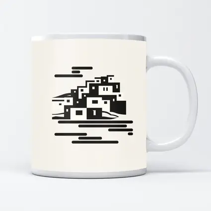 Minimalist Hillside Village Black White Art