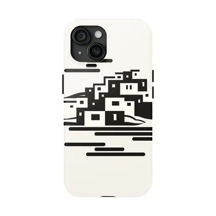 Minimalist Hillside Village Black White Art