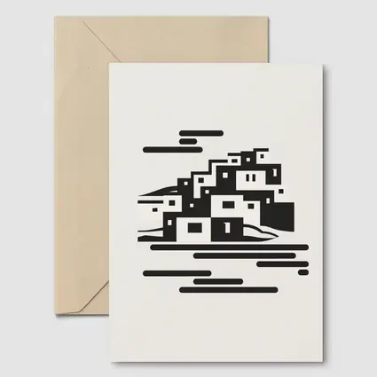 Minimalist Hillside Village Black White Art
