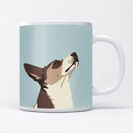 Brown White Dog Looking Up Blue Background