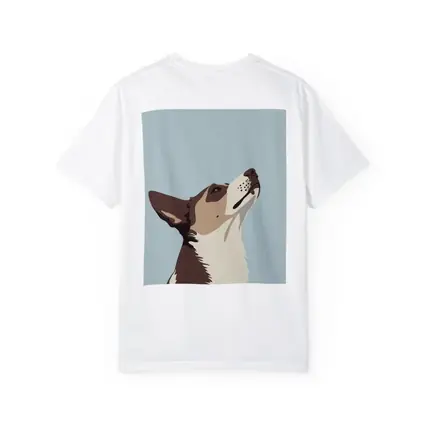 Brown White Dog Looking Up Blue Background