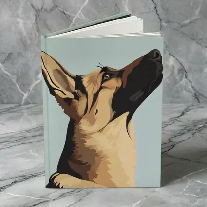 German Shepherd Dog Looking Up Blue Background
