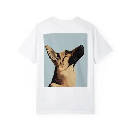German Shepherd Dog Looking Up Blue Background
