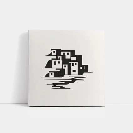 Minimalist Coastal Village Black White Illustration