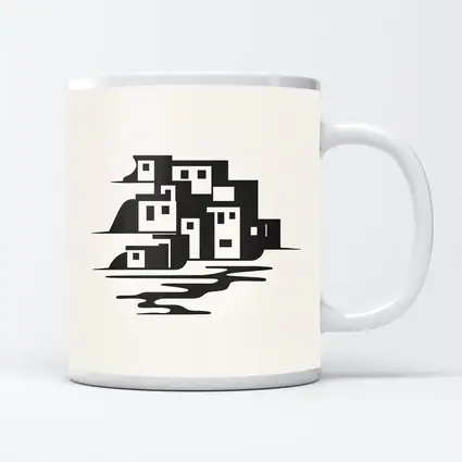 Minimalist Coastal Village Black White Illustration