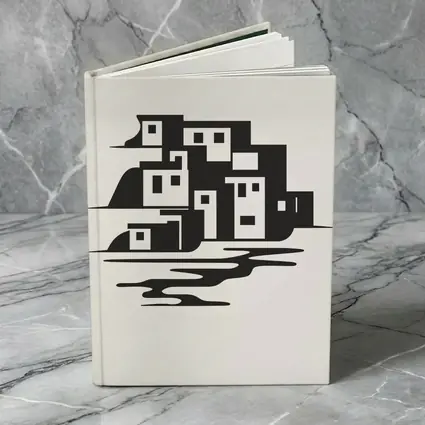 Minimalist Coastal Village Black White Illustration