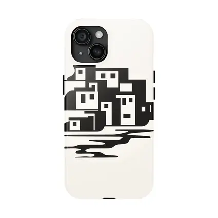 Minimalist Coastal Village Black White Illustration