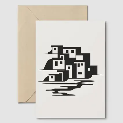 Minimalist Coastal Village Black White Illustration
