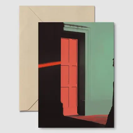 Man in Suit Walking Past Red Door