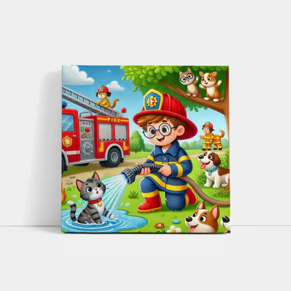 Kid Firefighter Cartoon Dogs Cats Fire Truck