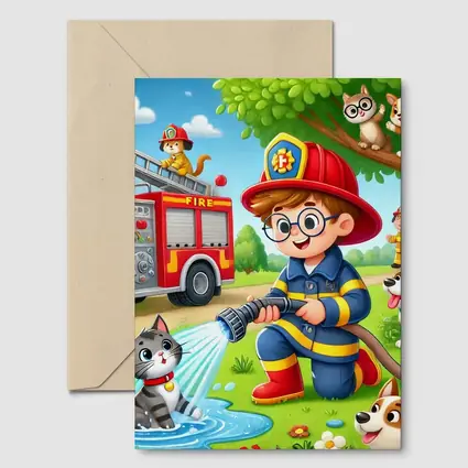 Kid Firefighter Cartoon Dogs Cats Fire Truck