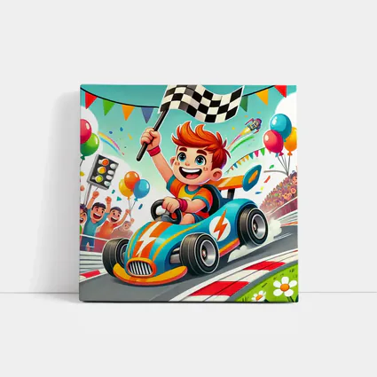 Cartoon Boy Racing Go Kart Checkered Flag