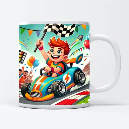 Cartoon Boy Racing Go Kart Checkered Flag