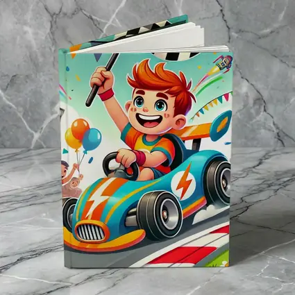 Cartoon Boy Racing Go Kart Checkered Flag