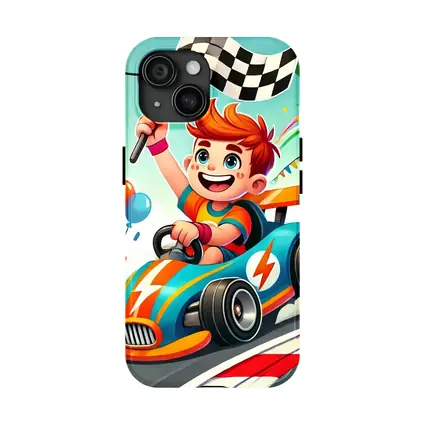 Cartoon Boy Racing Go Kart Checkered Flag