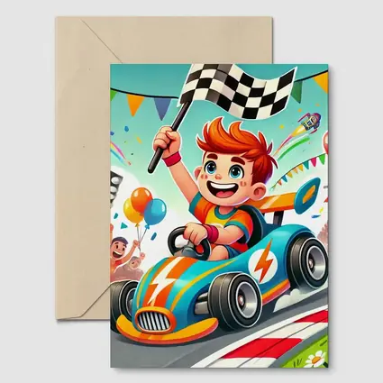 Cartoon Boy Racing Go Kart Checkered Flag