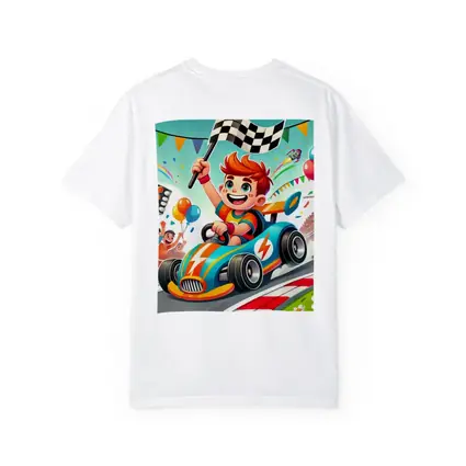 Cartoon Boy Racing Go Kart Checkered Flag