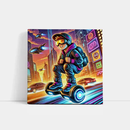 Boy Riding Hoverboard Futuristic Neon City