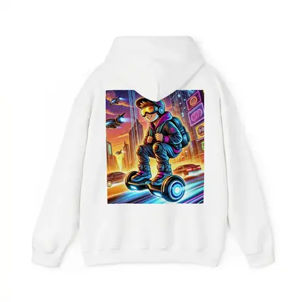 Boy Riding Hoverboard Futuristic Neon City