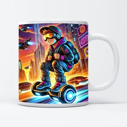 Boy Riding Hoverboard Futuristic Neon City