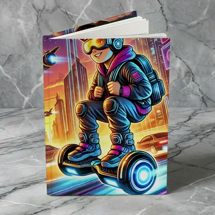 Boy Riding Hoverboard Futuristic Neon City