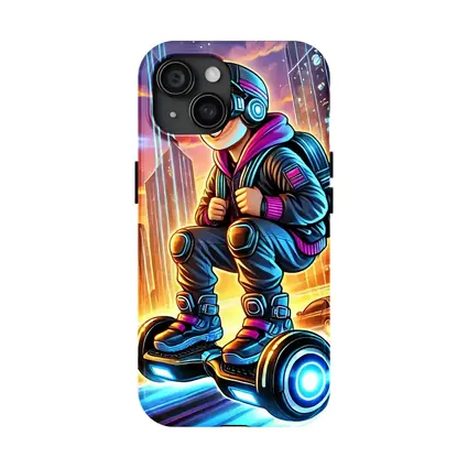 Boy Riding Hoverboard Futuristic Neon City
