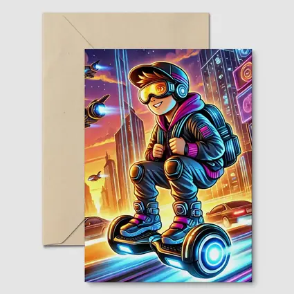 Boy Riding Hoverboard Futuristic Neon City