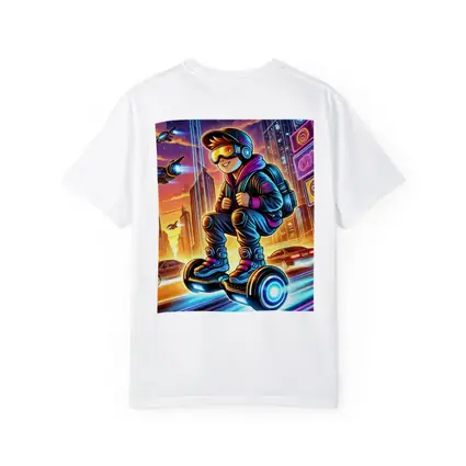 Boy Riding Hoverboard Futuristic Neon City