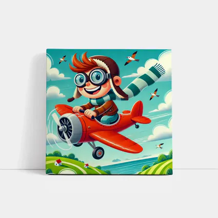 Cartoon Boy Pilot Flying Red Airplane Sky