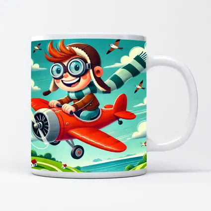 Cartoon Boy Pilot Flying Red Airplane Sky