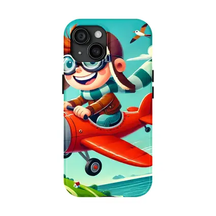Cartoon Boy Pilot Flying Red Airplane Sky
