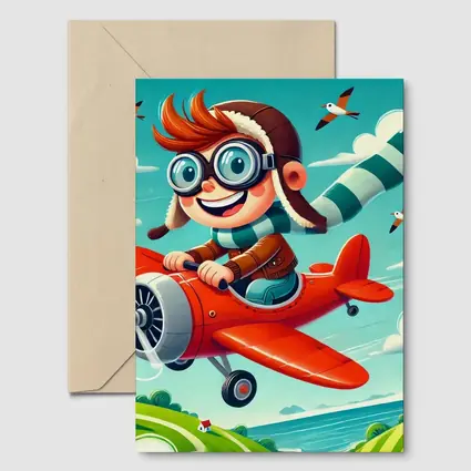Cartoon Boy Pilot Flying Red Airplane Sky