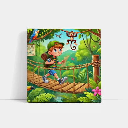 Boy Explorer Crossing Jungle Rope Bridge Cartoon