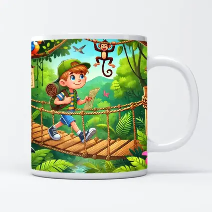 Boy Explorer Crossing Jungle Rope Bridge Cartoon