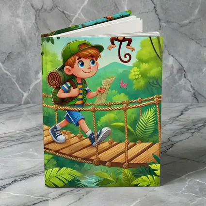 Boy Explorer Crossing Jungle Rope Bridge Cartoon