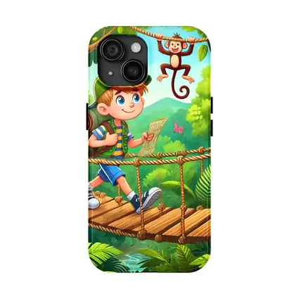Boy Explorer Crossing Jungle Rope Bridge Cartoon