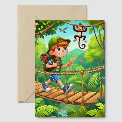 Boy Explorer Crossing Jungle Rope Bridge Cartoon