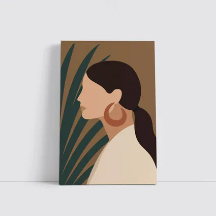 Boho Woman Profile Portrait Tropical Leaf Background