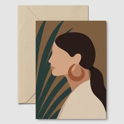 Boho Woman Profile Portrait Tropical Leaf Background