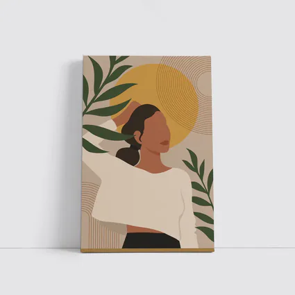 Boho Woman with Tropical Leaves Gold Sun