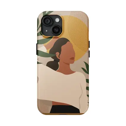 Boho Woman with Tropical Leaves Gold Sun