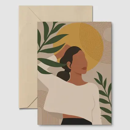 Boho Woman with Tropical Leaves Gold Sun