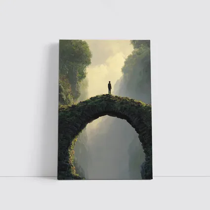 Lone Figure Standing on Ancient Stone Bridge
