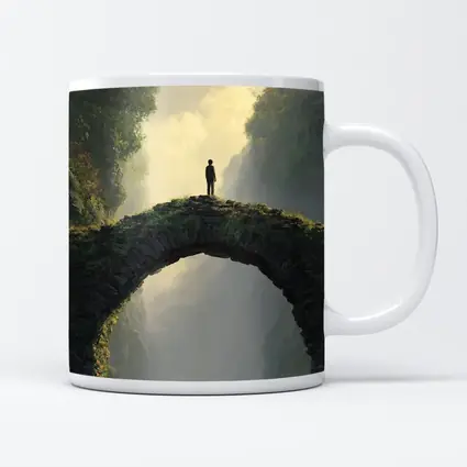 Lone Figure Standing on Ancient Stone Bridge