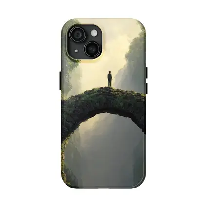 Lone Figure Standing on Ancient Stone Bridge