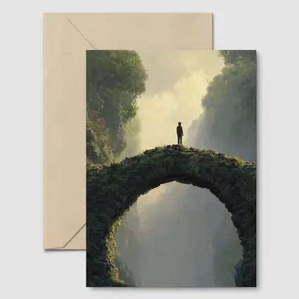 Lone Figure Standing on Ancient Stone Bridge