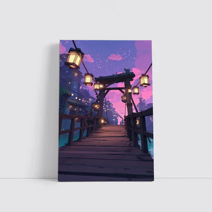 Anime Wooden Bridge Lanterns Purple Night