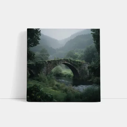 Ancient Stone Arch Bridge Misty Forest River
