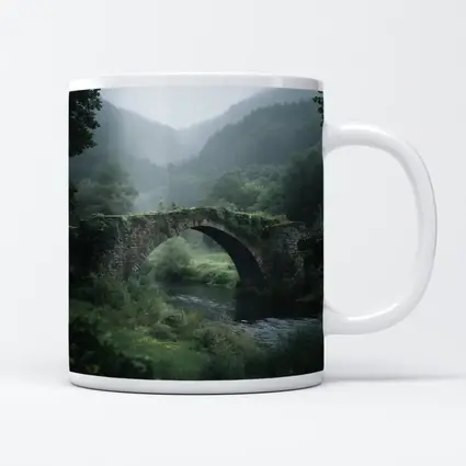 Ancient Stone Arch Bridge Misty Forest River